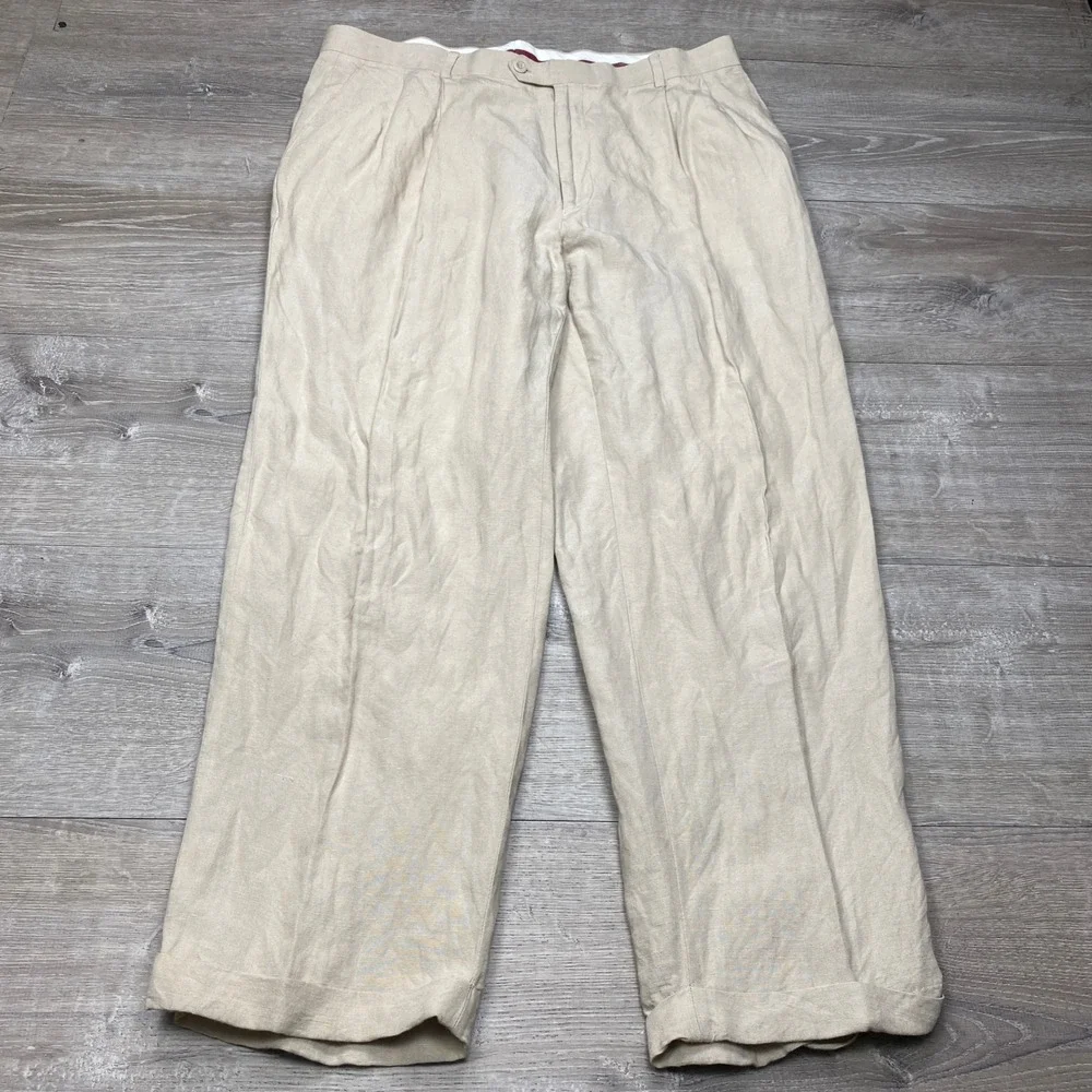 Louis Raphael  Pants Mens 38 Beige Linen Blend Pleated Cuffed Summer Beach Wide